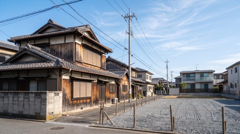 青空の下、左に瓦屋根の古い日本家屋、右に仮設フェンスで囲まれた砂利敷きの更地が広がる住宅街