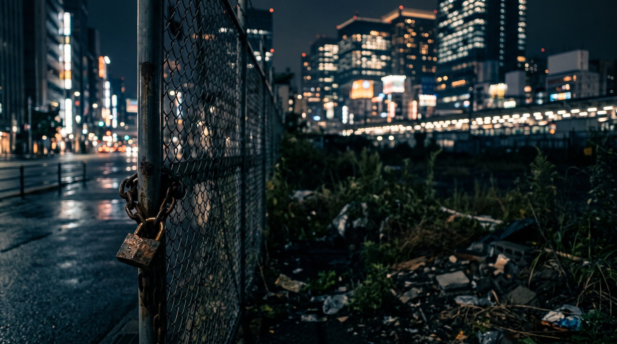夜の東京都心。南京錠と鎖で施錠されたフェンス越しに、雑草の生い茂る空き地と輝くオフィスビル群が見える