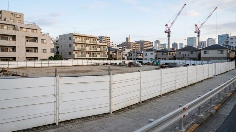 白い仮囲いに囲まれた都内住宅街のマンション建設予定地の更地と、奥に見えるタワークレーン