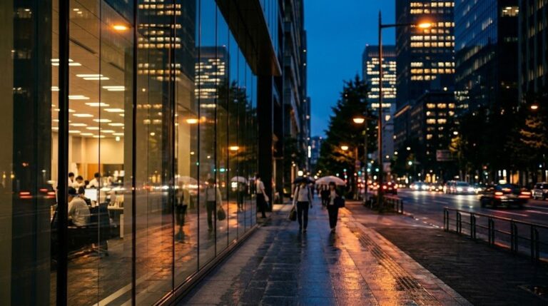夕暮れから夜に移る東京のオフィス街をストリートレベルから捉えた風景