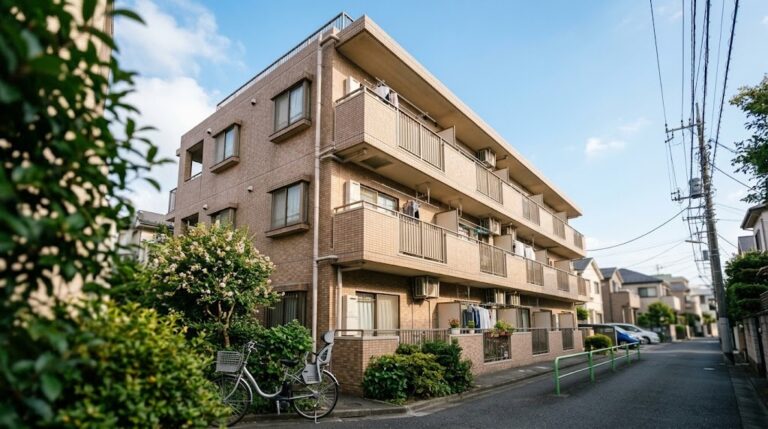 朝の青空の下、東京の住宅街の通りから見上げたタイル張りの中層賃貸マンション一棟と手前の植栽・自転車