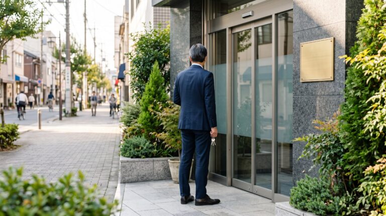 士業事務所の入口の前で立ち止まるスーツ姿の年配の男性