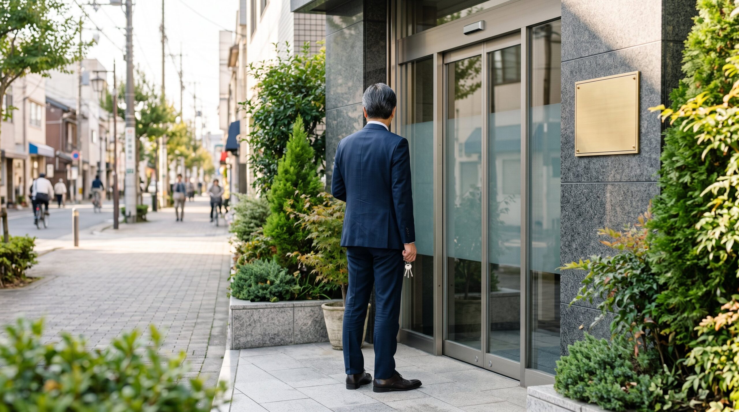 士業事務所の入口の前で立ち止まるスーツ姿の年配の男性