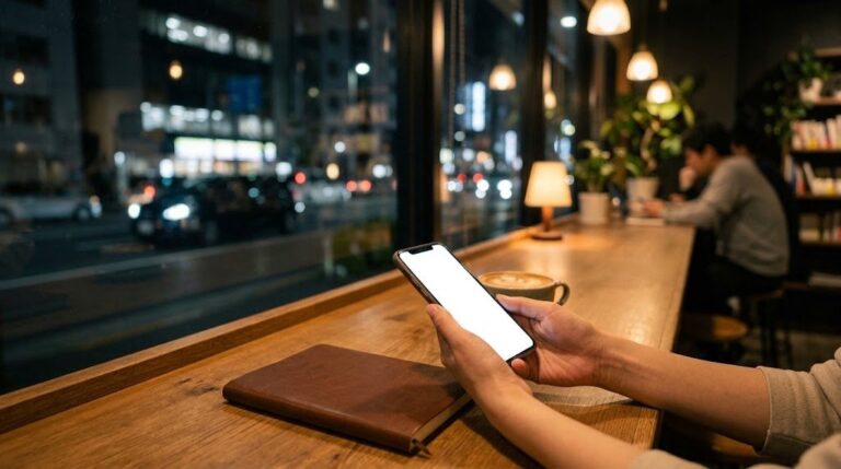 夜のカフェでスマートフォンを使って勉強する受験生