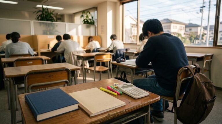 資格予備校の自習室で勉強する受験生