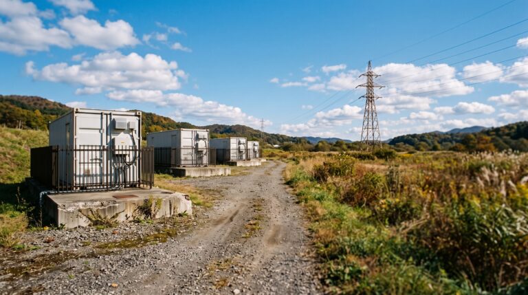 送電鉄塔の近くの砂利道沿いに設置された系統用蓄電池のコンテナと、その隣に広がる草地