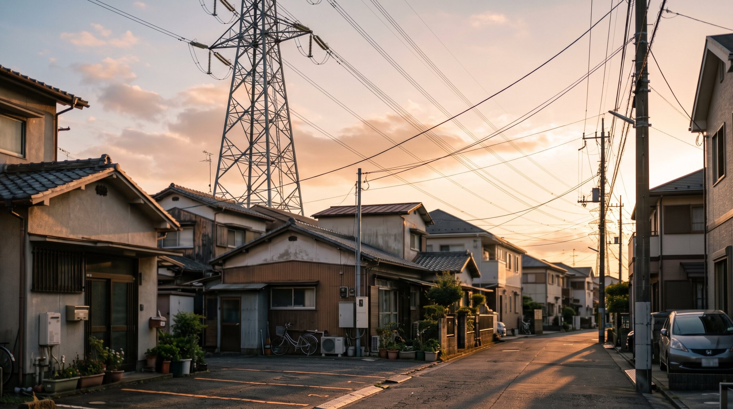 夕暮れの日本の住宅街。道路の先に高圧送電鉄塔が立ち、送電線が住宅の屋根の上空を横切っている