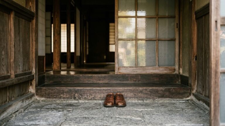 古い木造住宅の玄関の土間に一足だけ置かれた革靴