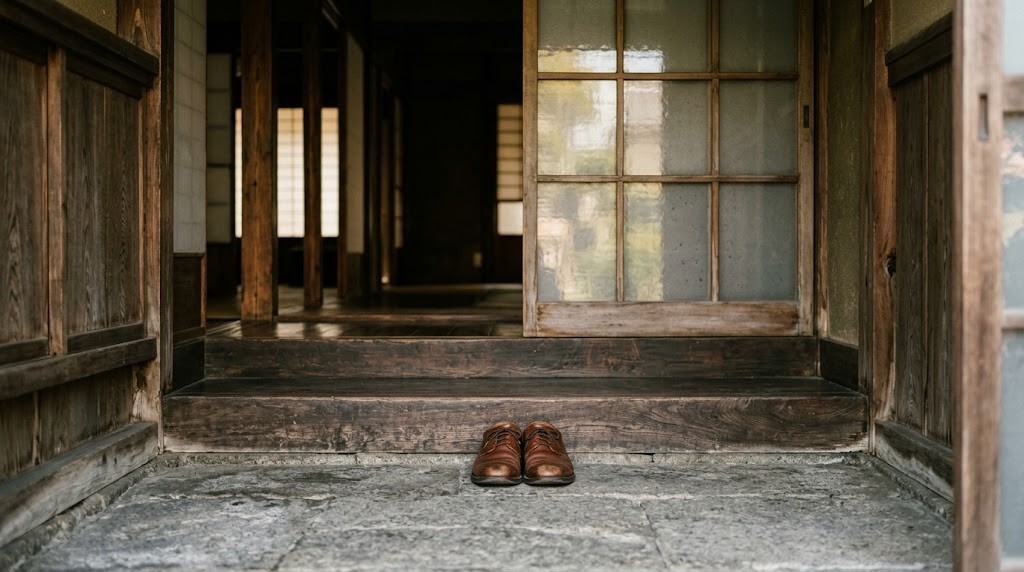 古い木造住宅の玄関の土間に一足だけ置かれた革靴