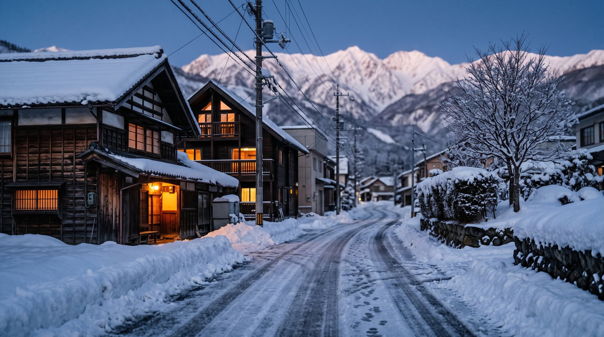 雪に覆われた日本のスキーリゾート集落の街路と、背景の雪山。インバウンド需要による観光地の地価上昇を象徴するイメージ