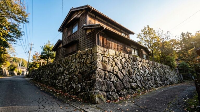 高い石積み擁壁の上に建つ古い木造住宅を坂道から見上げた様子