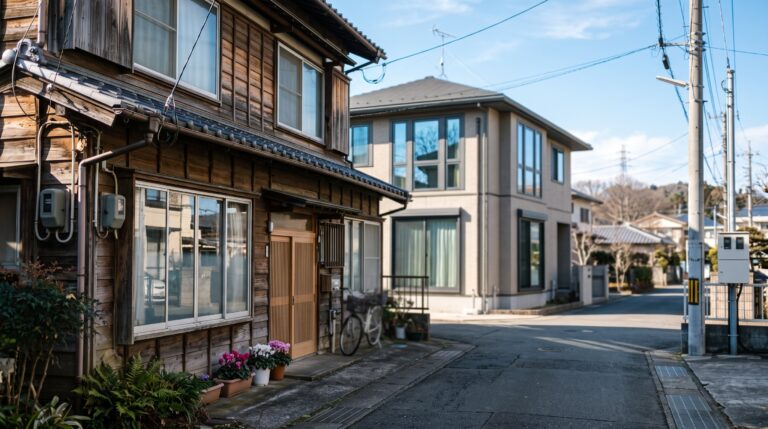 冬の朝の住宅街。手前に単板ガラスの古い木造住宅、奥に大きな複層ガラス窓の新しい住宅