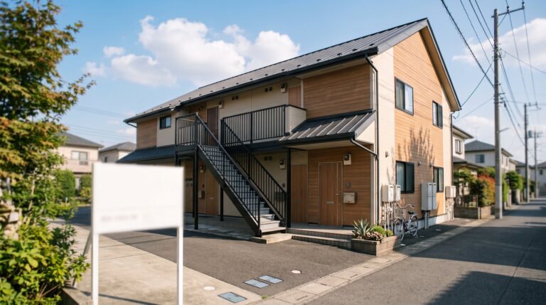 青空の下、郊外の住宅街に建つ2階建て木造賃貸アパートを歩道から見上げた様子
