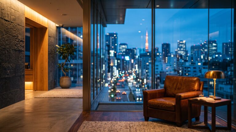 ブルーアワーの東京都心を見下ろす高級賃貸マンションのラウンジ内観